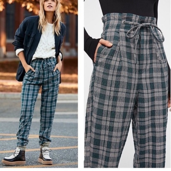 Free People Potato Sack High Rise Loose Fit Green Plaid Pant Size 2 - Picture 1 of 16